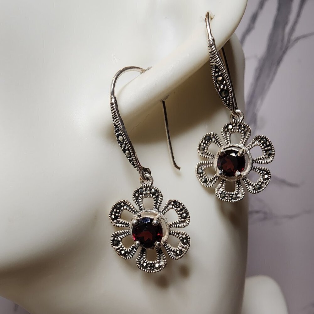 925 Silver Garnet and Marcasite Floral Drop Earrings